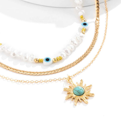 YUZZ Blue Turkish Evil Eyes Exquisite Sun Flower Pendant Necklace 2022 Summer Multilevel Female Boho Vintage Jewelry Party Gift
