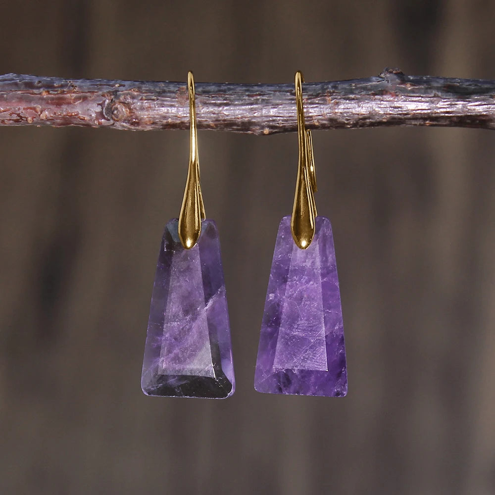 2pcs Natural stone earrings: amethyst, amazonite, flash stone, rhodochrosite, lapis lazuli trapezoidal faceted earrings