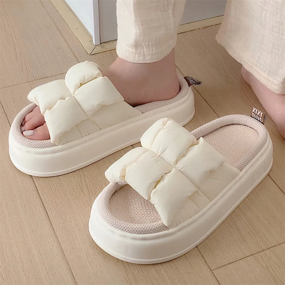 2023 New Women Slippers Summer Four Seasons Checked 4cm Thick Soft Sole Linen Slippers Indoor Home Bedroom Couple Floor Slippers - Charlie Dolly