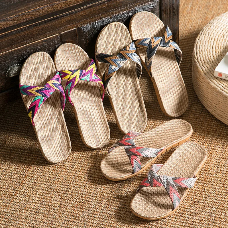 Mntrerm Hot 2023 New Candy Color Flax Home Slippers Striped Cut-outs Summer Indoor Slippers Flats Soft Cool Women Linen Slipper - Charlie Dolly