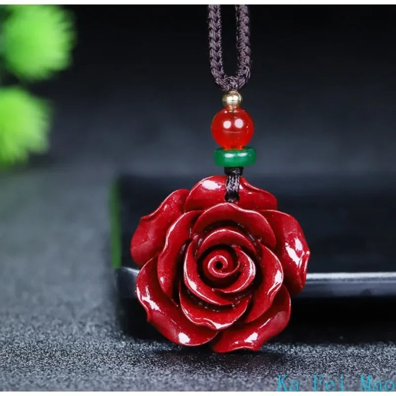 Fashion Cinnabar Jade Rose Flower Pendant Necklace Jewellery Chinese Healing Women Man Luck Gift Sweater Chain