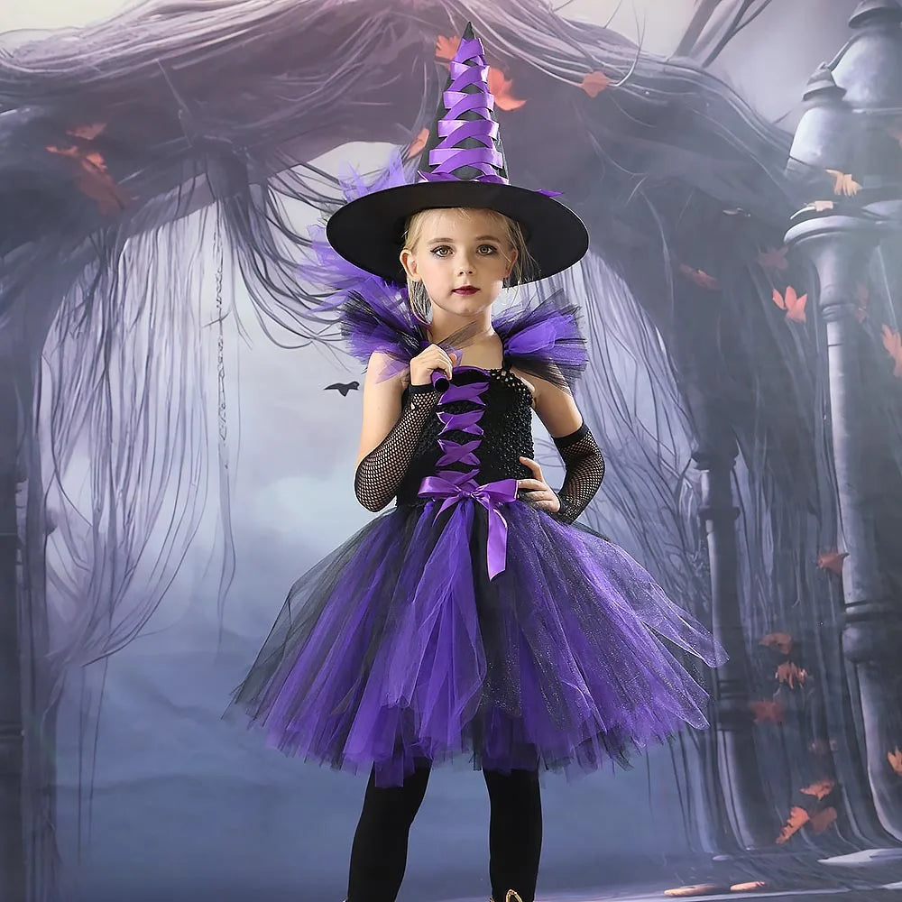 Halloween New Witch Dress Cosplay Costume Dress for Girl Carnival Party Dress Hat Broom Fancy Clothes Suit - Charlie Dolly