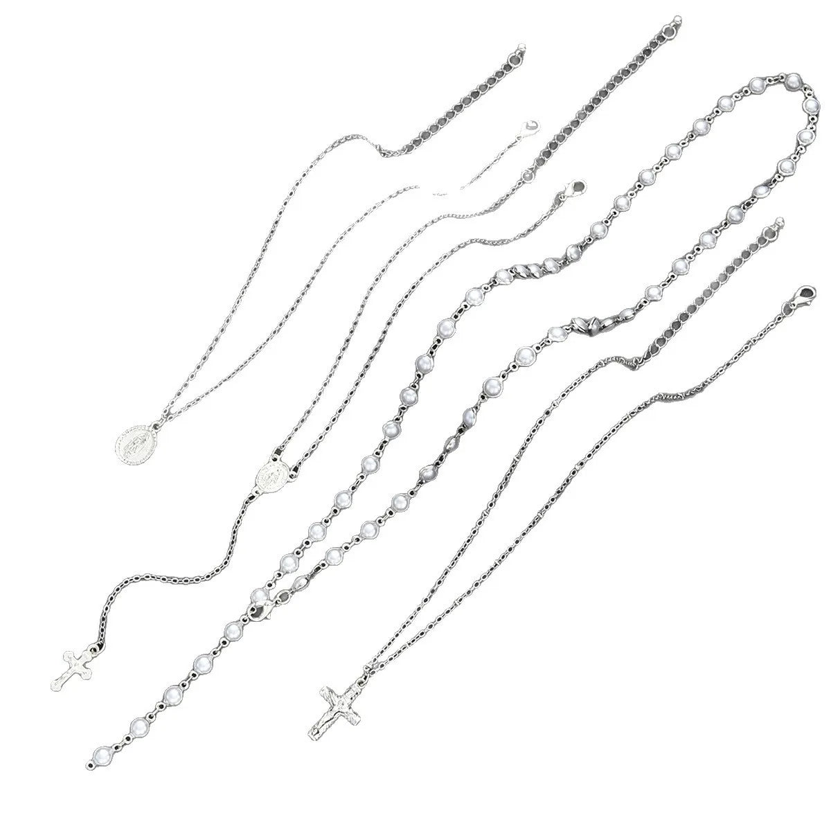 Silver Pearl Cross Pendant Layered Necklace Set Jewelry