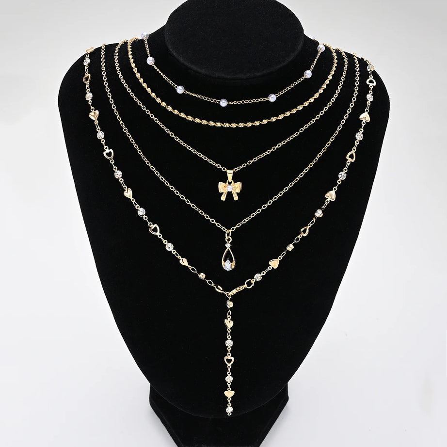 Zircon Pearl Bow Heart Layered Necklace Set Jewelry