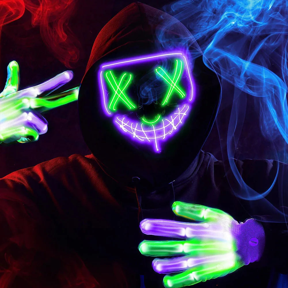 Halloween Mask Skeleton Gloves Set Light Up Scary LED Mask with Glow Anonymous Carnival Costumes glow purge Masks for Boys Girl - Charlie Dolly