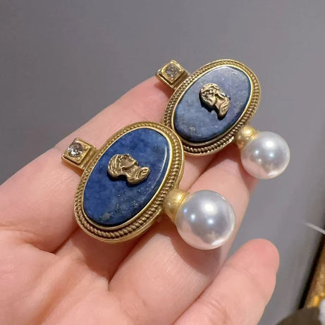 Vintage Lapis Lazuli Head Oval Stud Earring For Woman Accessories Pearl Gold Color Luxury Jewelry Designers Brand Thanksgiving - Charlie Dolly