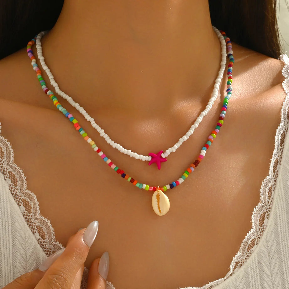 Starfish, Sea Turtle and Conch Beaded Layered Necklace
