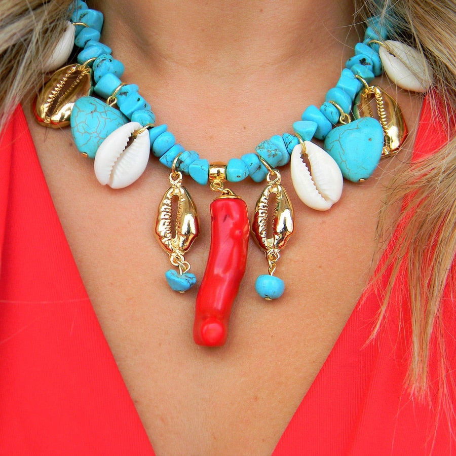 Summer Fashion Classic Irregular Green Shell Stone Short Necklace OT Button Copper Alloy Sea Shell Pendant Beach Choker Gift - Charlie Dolly