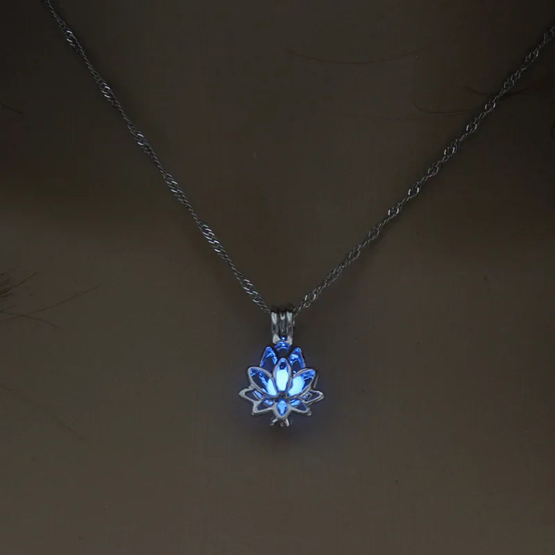 Luminous Exquisite Glowing in The Dark Minimalist Moon Lotus Flower Shaped Pendant Charm Necklace Women Hip Hop Punk Jewelry