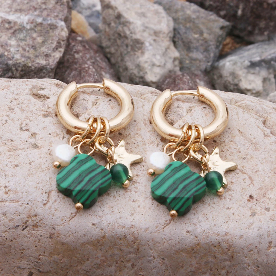 Pendant Earrings For Woman Boho Natural Stone Clover Malachite Powder Crystal Bohemia Charm Ear Luxury Quality Jewelry Girls - Charlie Dolly