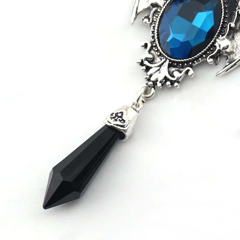 New Goth Halloween Necklace Blue Crystal Vampire Bat Pendant Blue Black Crystal Choker Necklace Punk Jewelry - Charlie Dolly