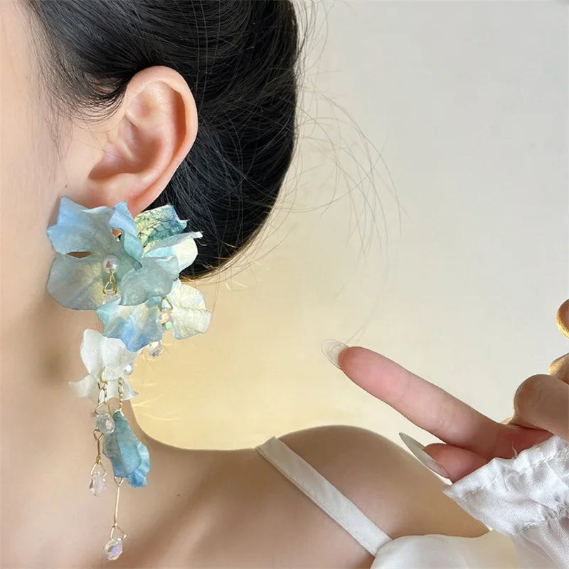 Boho Fashion Blue Flower Long Tassel Earrings For Women Exaggerated Cloth Petal Earrings Vacation Party Lady Jewelry Accessories