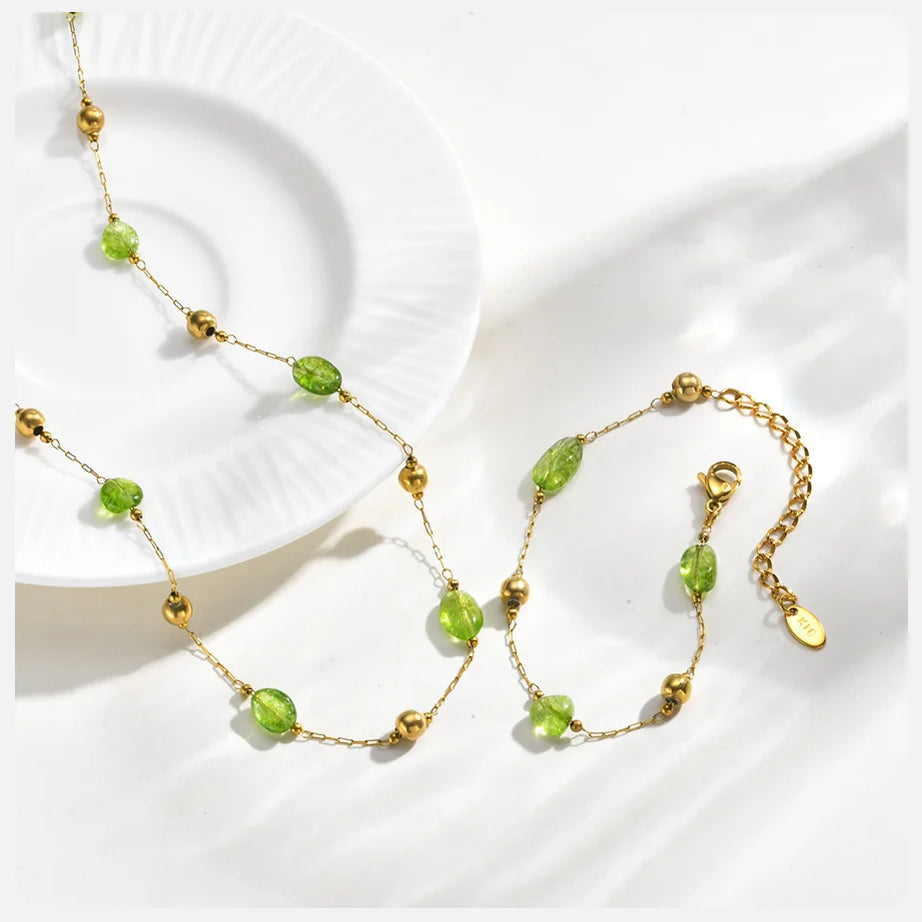 Vnox Stainless Steel Natural Green Stones Spacer Bead Thin Chain Bracelet Summer Boho Seaside Vacation Choker Bracelet Jewelry - Charlie Dolly