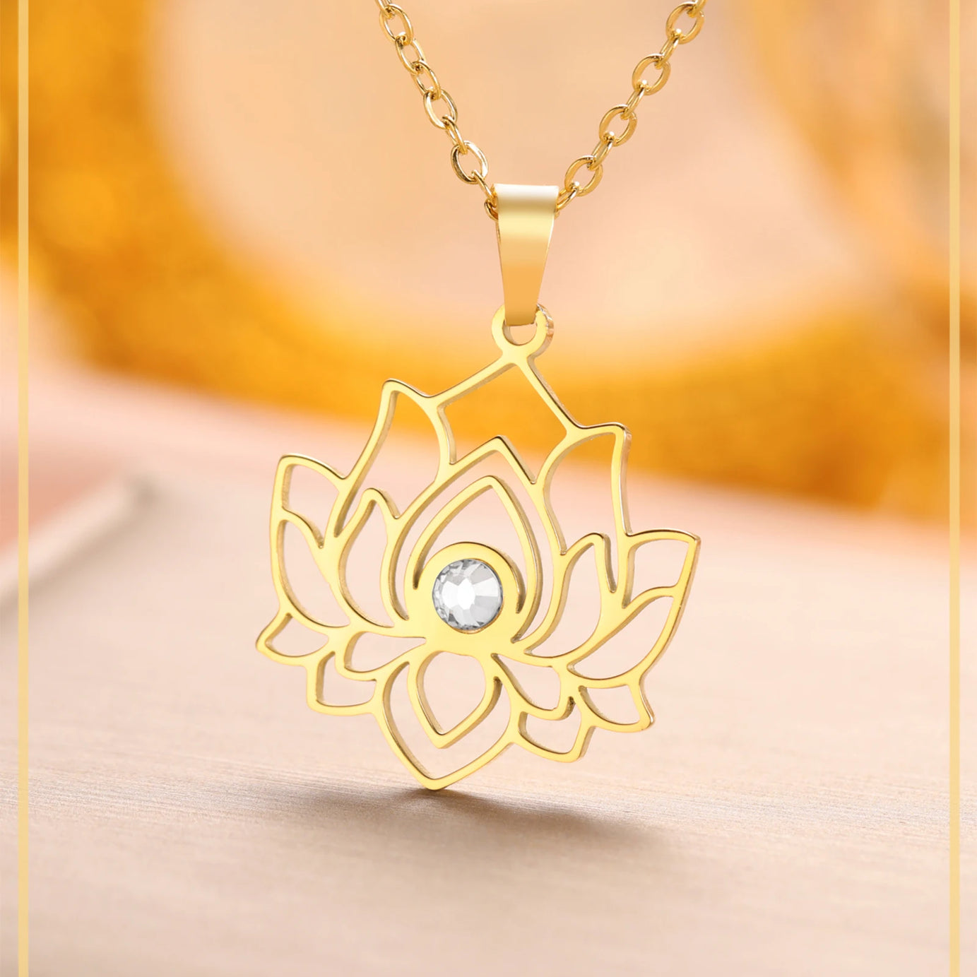 Lotus Zircon Chakra Pendant, Stainless Steel Yoga Amulet
