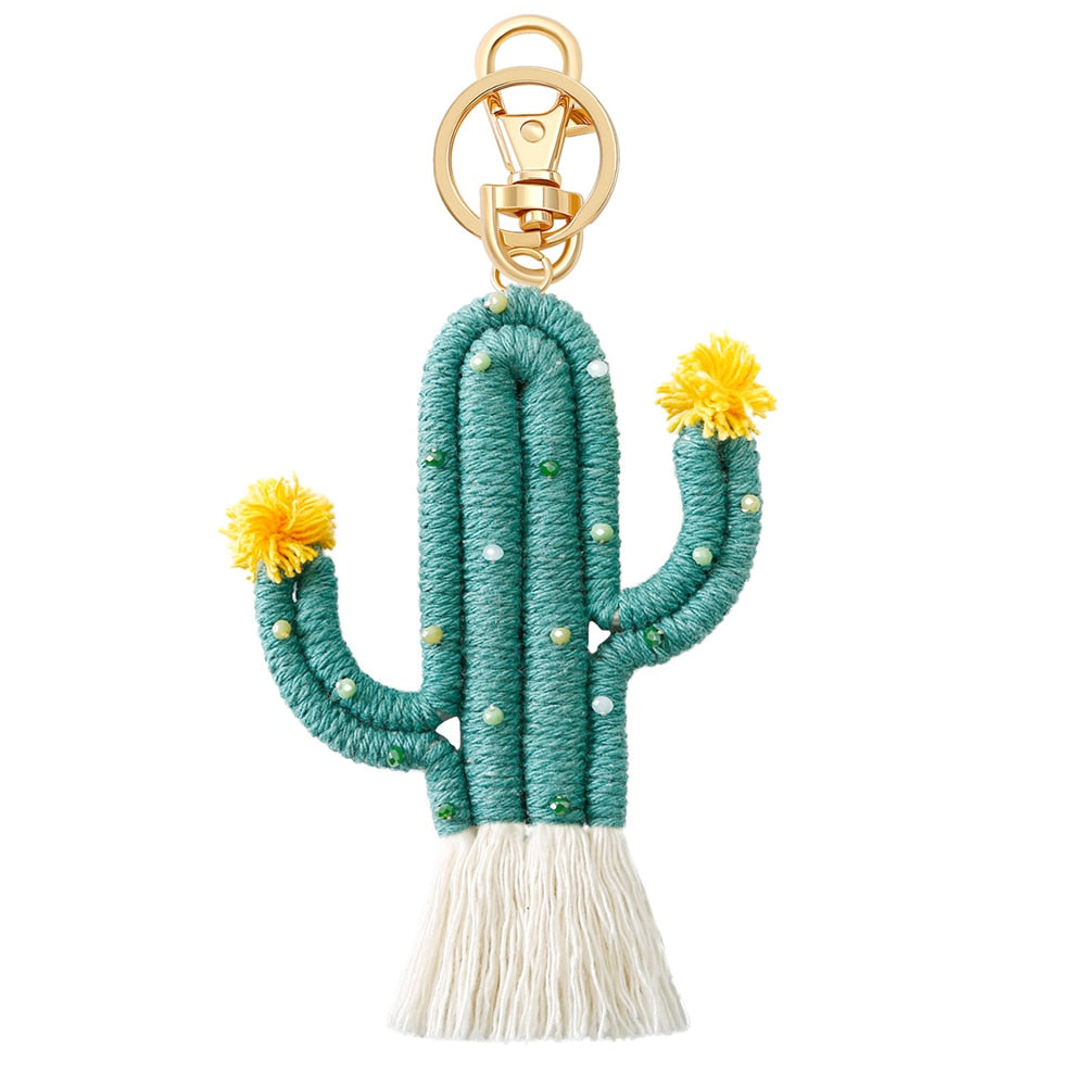 Handmade Weaving Green Plant Cactus Keychain Bohemia Backpack Pendant Key Ring Tassel Cotton Rope Car Hanging Key Holder Jewelry