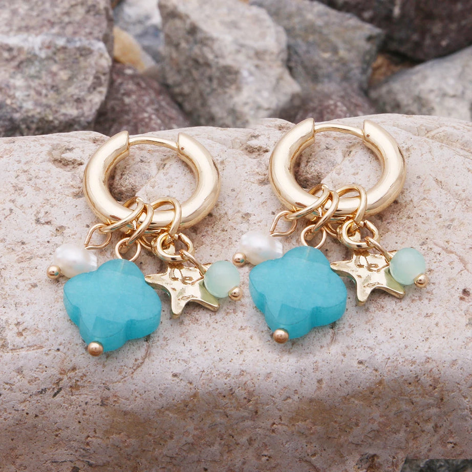 Pendant Earrings For Woman Boho Natural Stone Clover Malachite Powder Crystal Bohemia Charm Ear Luxury Quality Jewelry Girls - Charlie Dolly