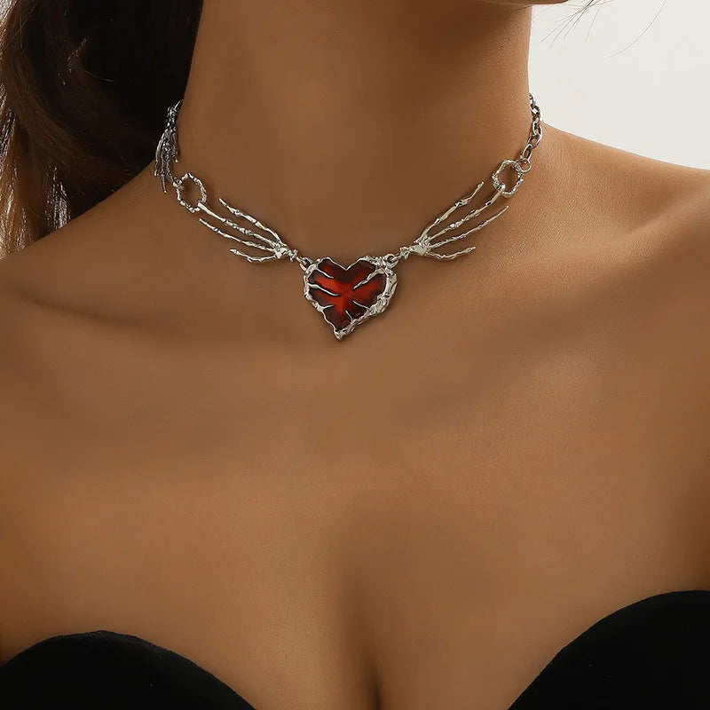 Gothic Vintage Red Heart Ghost Claw Pendant Chain Necklace for Women Men Halloween Punk Y2K Grunge Hip Hop Jewelry Accessories - Charlie Dolly