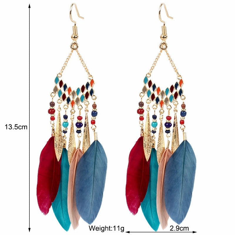 Bohemian Ethnic Feather Women's Earrings Long Drop Dangle Wedding Jewelry Indian Gold Color Handmade Beaded Earrings Pendientes - Charlie Dolly