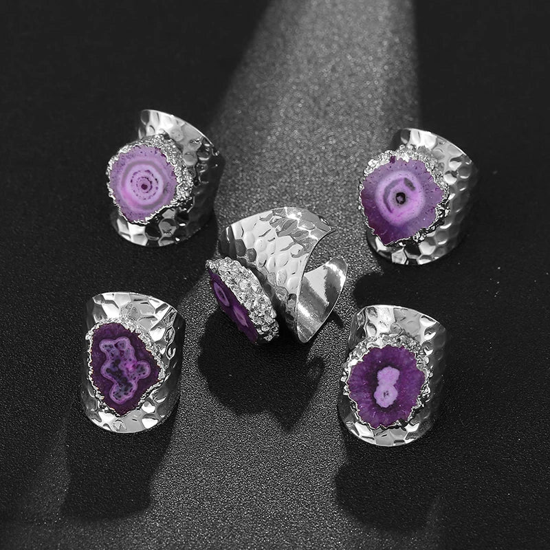 Boho Irregular Natural Stone Sunflower Agate Slices Ring Wide Open Ring for Women Silver Plated Resizable Finger Jewelry