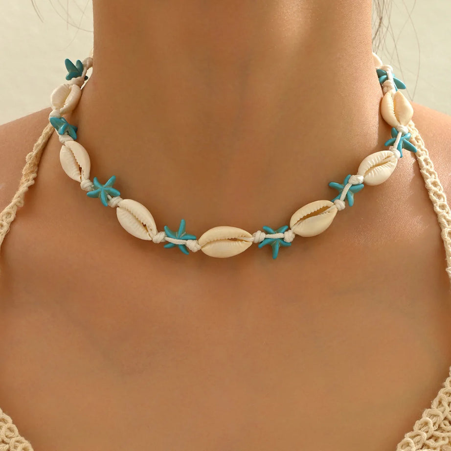 Turquoise Shell and Starfish Hand Woven Rope Boho Necklace