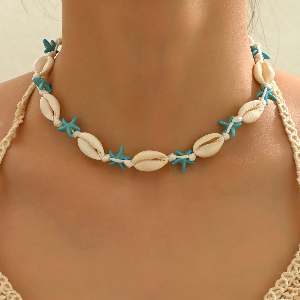 Bohemian Shells Turquoise Collares Necklace Summer Natural Starfish Hand Woven Rope Beach Vacation Adjustable Necklaces Jewelry