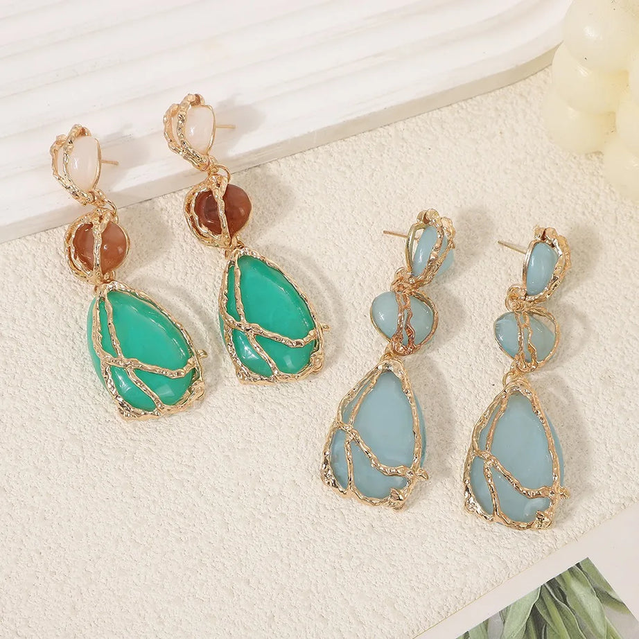 Resin Waterdrop Metal Mesh Dangle Earrings Jewelry