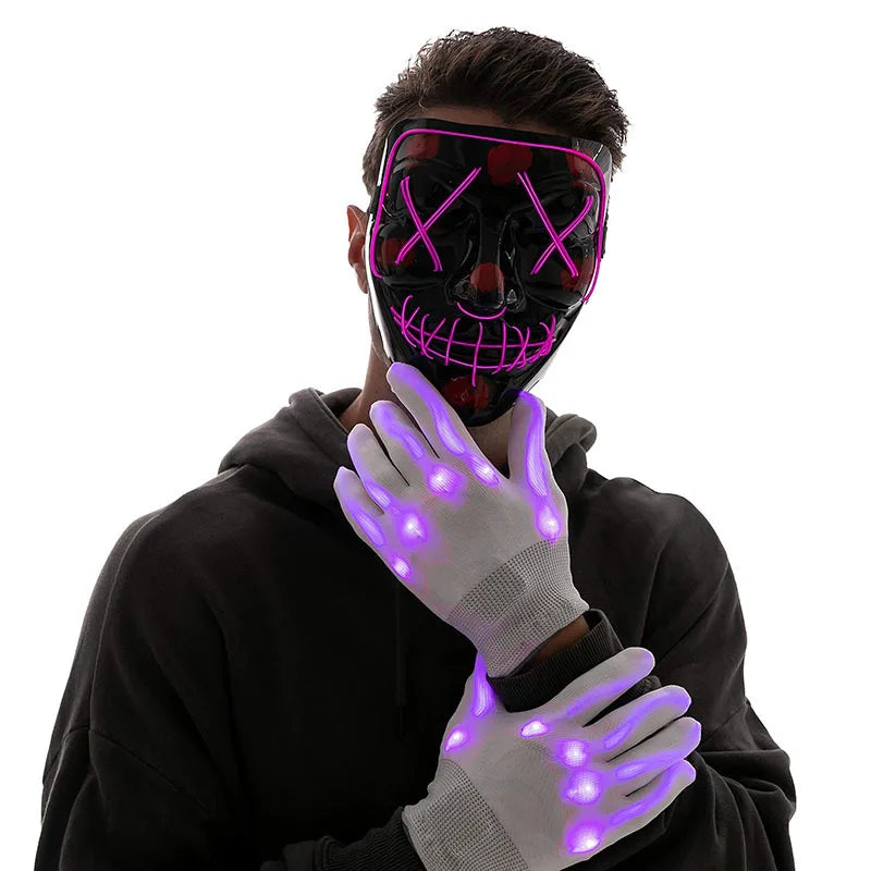 Halloween Mask Skeleton Gloves Set Light Up Scary LED Mask with Glow Anonymous Carnival Costumes glow purge Masks for Boys Girl - Charlie Dolly
