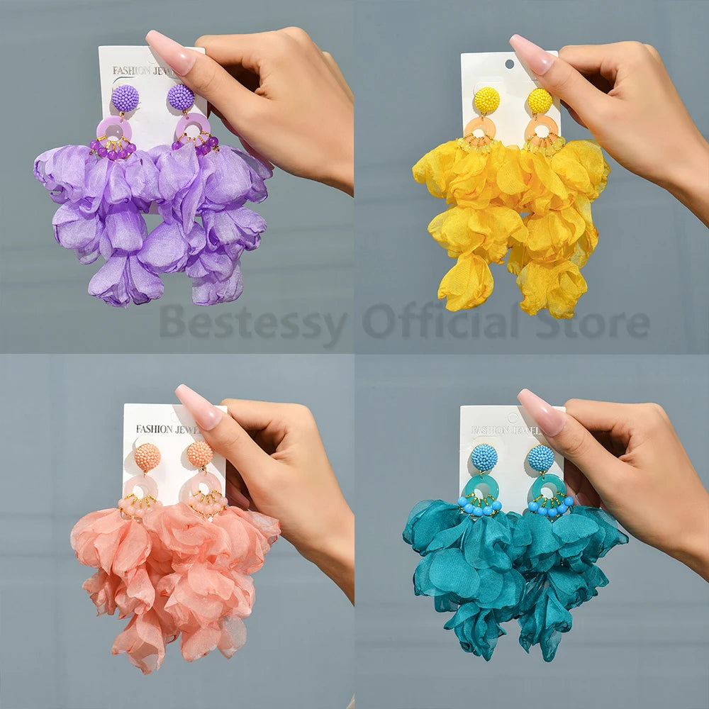 Charming Boho Long Hanging Dangle Earrings Acrylic Beads Elegant Petal Yarn Cute Sweet Fairy Fashion Statement Jewelry For Women