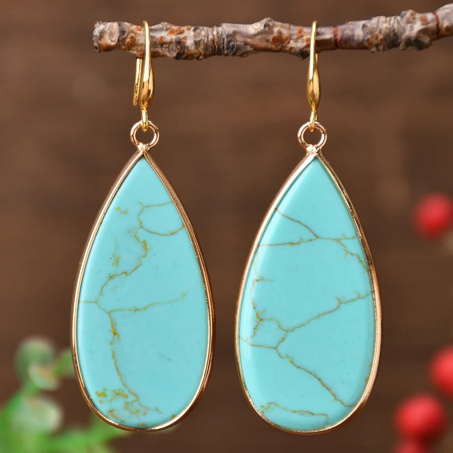 Yumfeel 1Pair Boho Colorful Natural Stone Dangle Earring Turquoise Round Teardrop Earring Retro Elegant Women Banquet Jewelry - Charlie Dolly