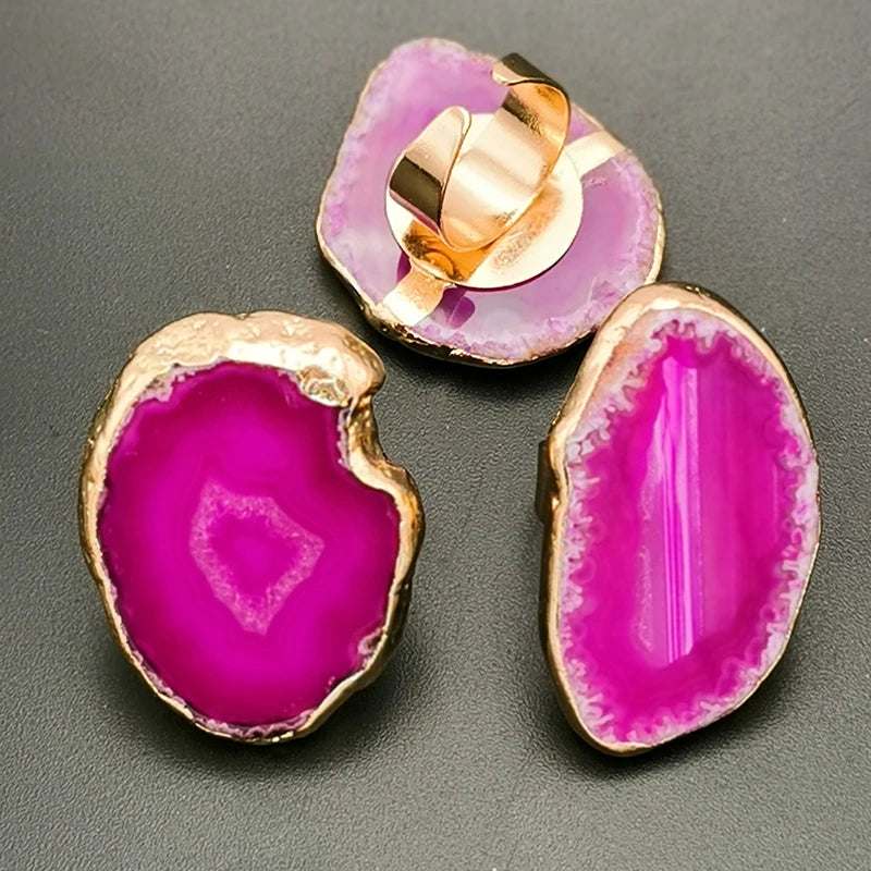 Irregular Natural Geode Stone Rings Agate Slices Wide Open Ring for Women Men Boho Resizable Finger Jewelry