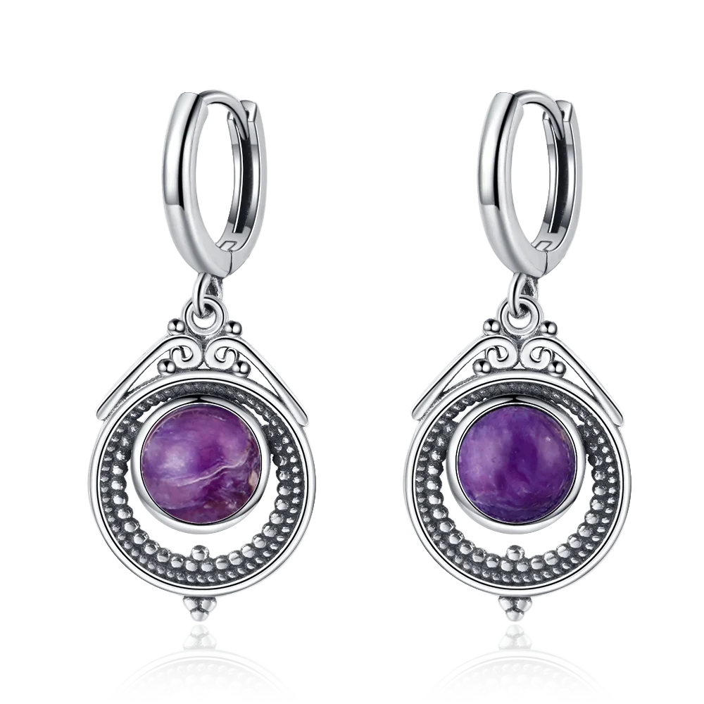 Natural Stone Sun Flower Hoop Earrings for Women, Vintage Antique Silver Turquoise Amethyst Labradorite Dangle Earring Wholesale