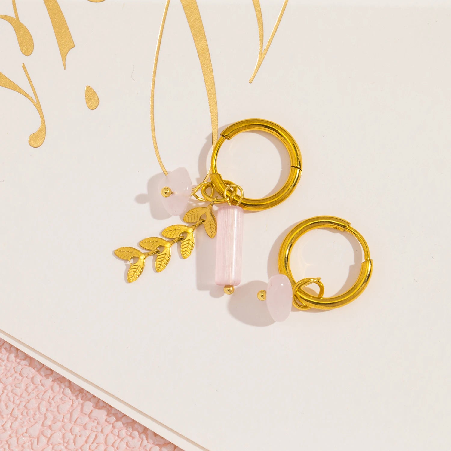 UHBINYCA Stainless Steel 18K Gold PVD Plated Hoop Earrings for Women Trendy Pink Natural Stone Charms Drop Earring Jewelry Gift