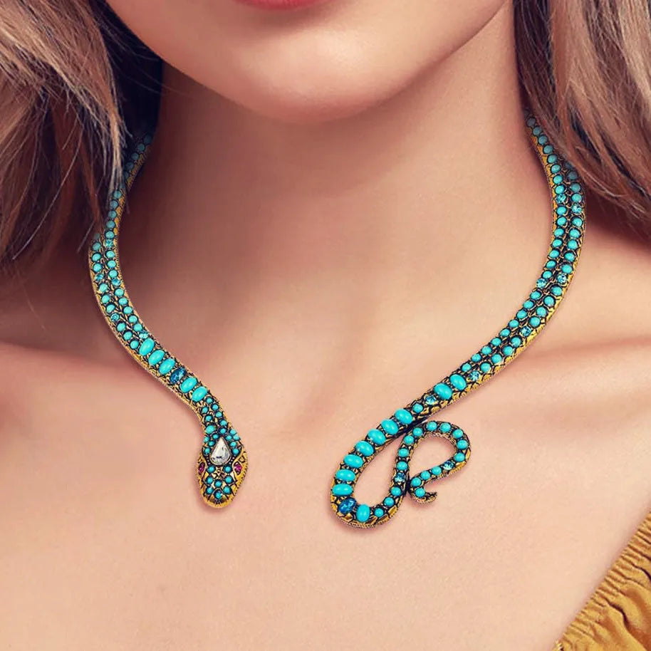 Dvacaman Blue Turquoise Snake Choker Necklace for Women Girls，Statement Animal Snake Necklace Halloween Costume Jewelry