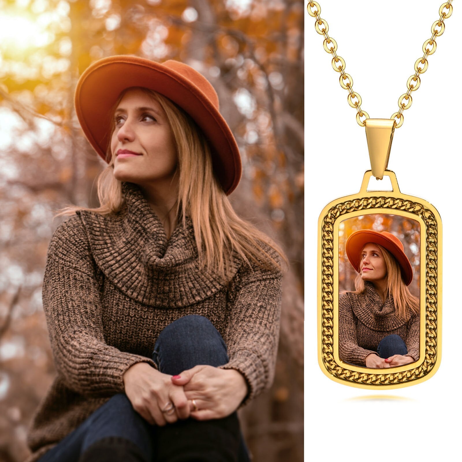 Men Personalize Engrave Name Square Customizable Photo of Family Necklaces, Picture Words Date Pendant,Keepsake Gifts Collar - Charlie Dolly