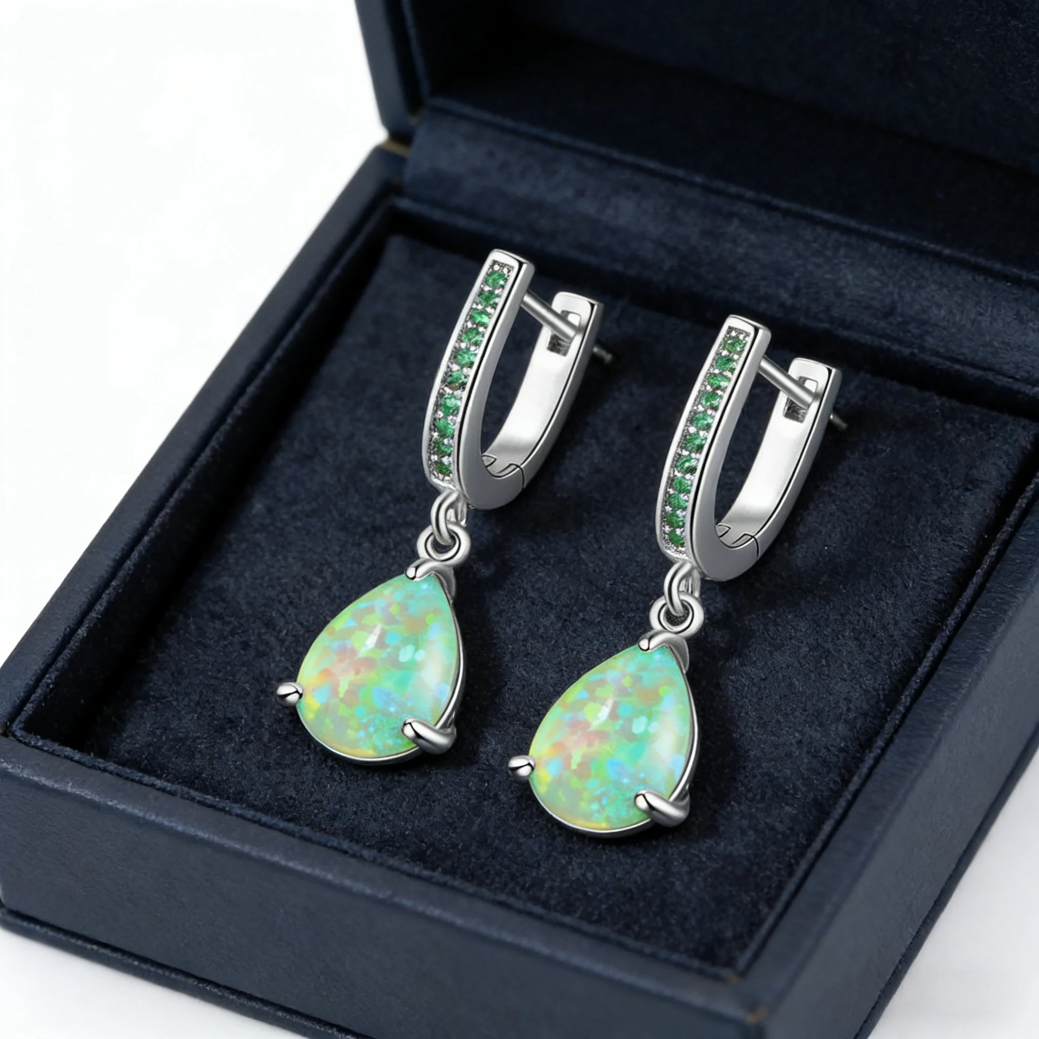 Green Fire Opal Dangle Earrings for Women,Teardrop U-Shape Hypoallergenic Earrings with Gemstones,Elegant Boho Statement Jewelry
