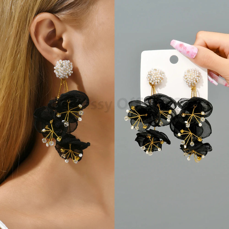 Cotton Flower Petal Beaded Tassel Earrings Jewelry