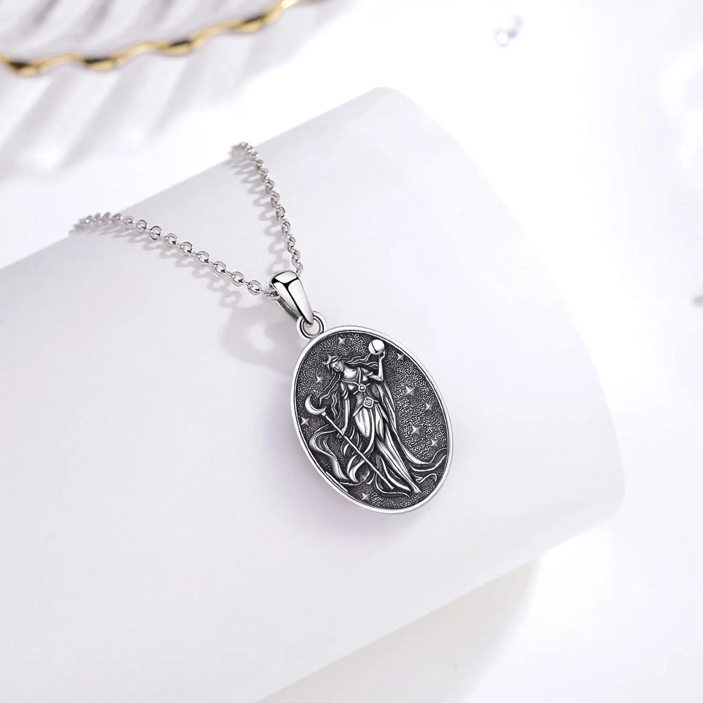 S925 Sterling Silver Nyx Moon Goddess Pendant Necklace, Dark Goddess of Night Wicca Amulet