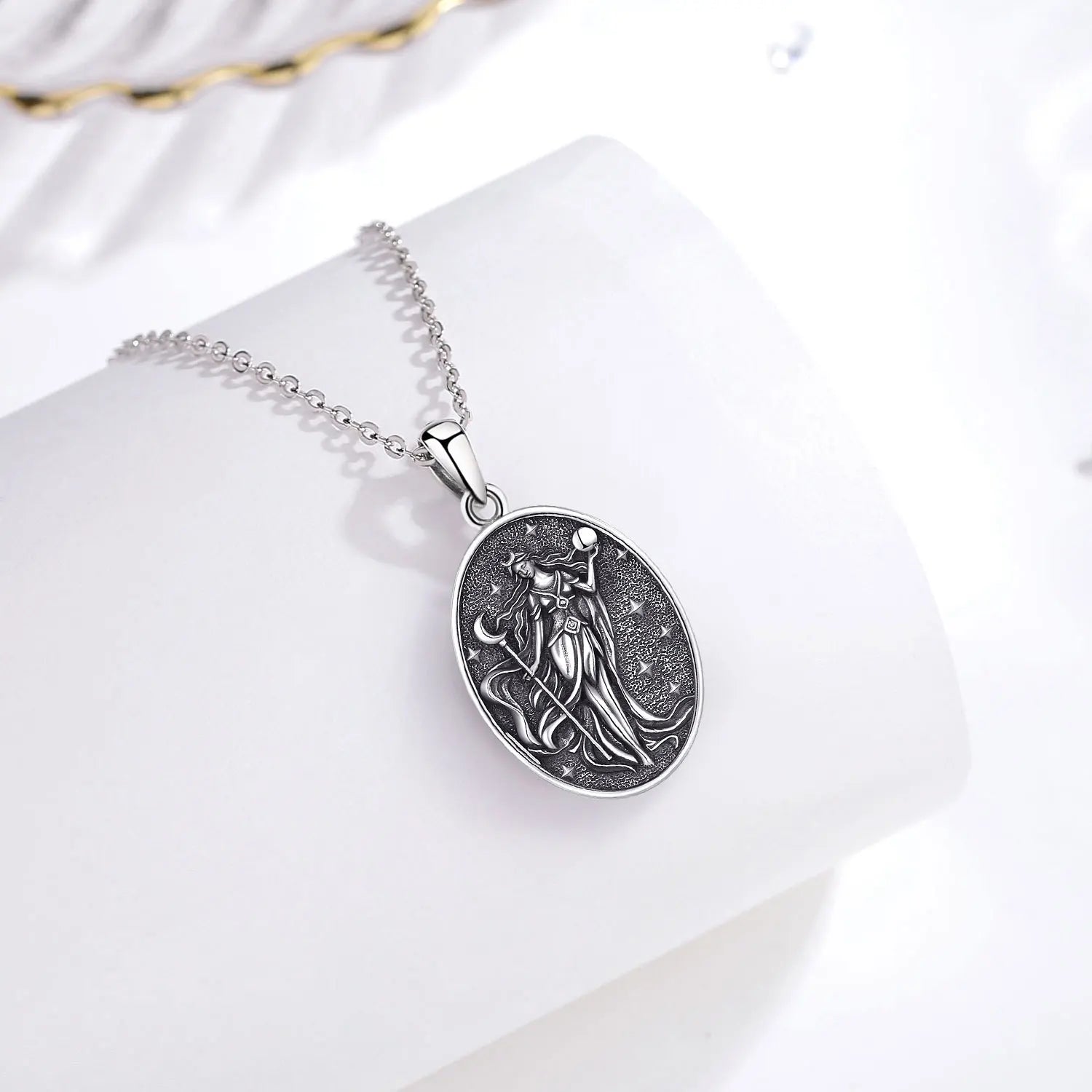 Eudora 925 Sterling Silver NYX Moon Goddess Necklace Dark goddess of Night NYX Pendant Wicca Pagan Hellenic Jewelry for Women