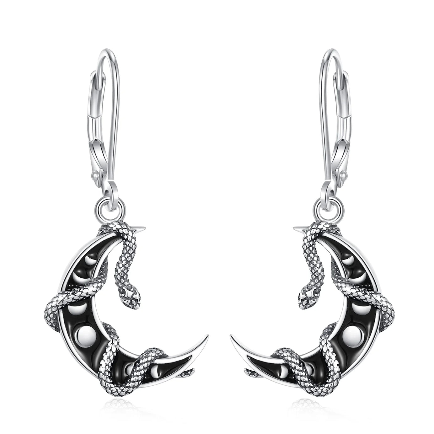 S925 Sterling Silver Moon Phase Snake Drop Earrings, Gothic Black Enamel Celestial Talisman