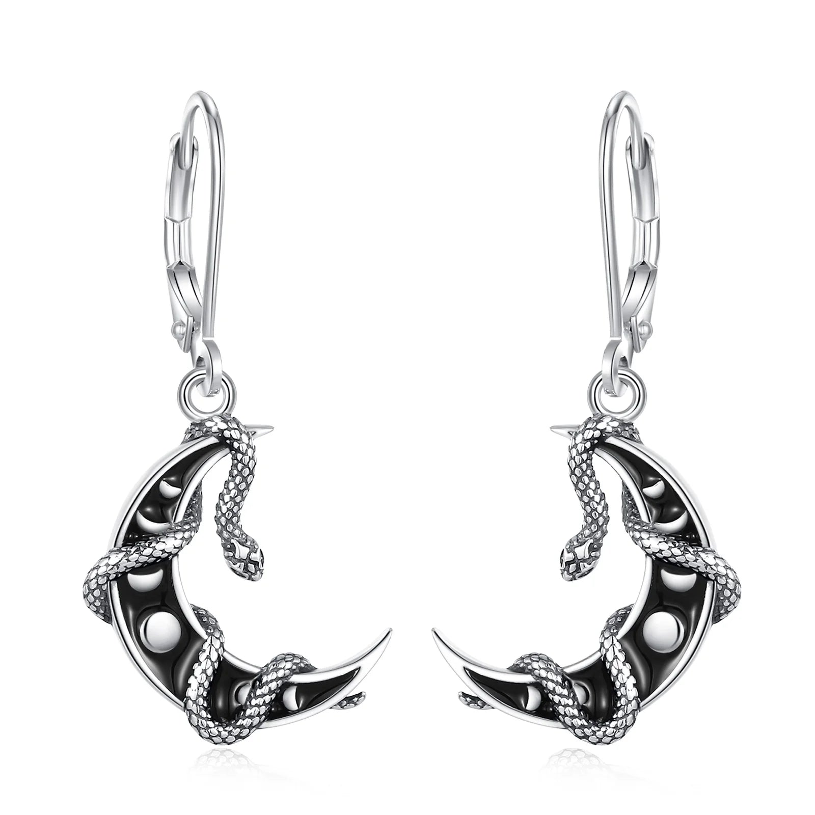 AEONSLOVE 925 Sterling Silver Moon Phase Snake Earrings Gothic Black Enamel Celestial Drop Earrings Witch Jewelry Gift for Women