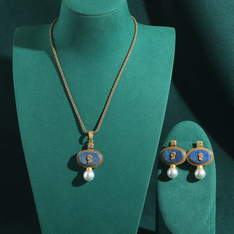 Vintage Cameo Jewelry Set Woman Avatar Pendent Pearl Necklace Lapis Lazuli Stud Earrings Blue Natural Stone Wedding Party 2026 - Charlie Dolly