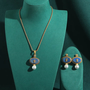 Vintage Cameo Jewelry Set Woman Avatar Pendent Pearl Necklace Lapis Lazuli Stud Earrings Blue Natural Stone Wedding Party 2026