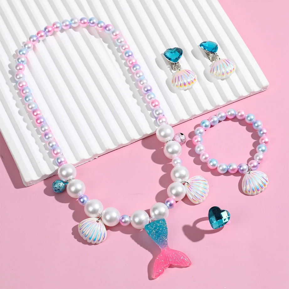 Princess Mermaid Shell Charm Necklace and Bracelet Set (5 Pieces)