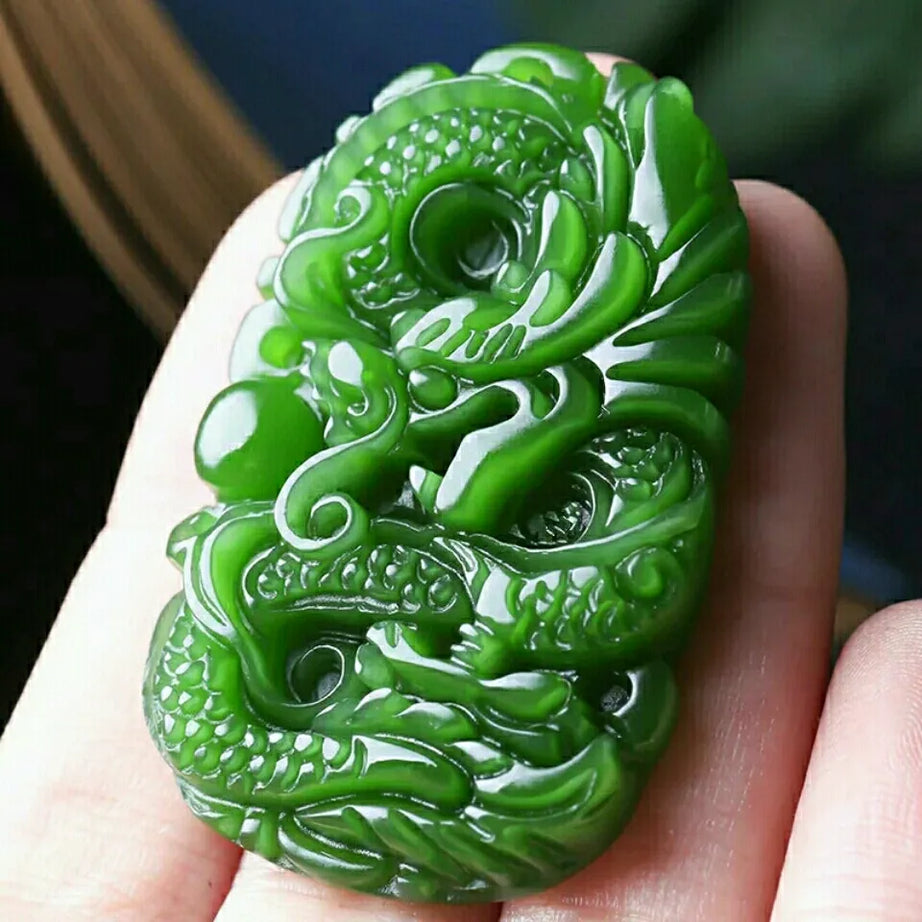 Green Hetian Jade Dragon Pendant, Natural Jasper Lucky Amulet Necklace