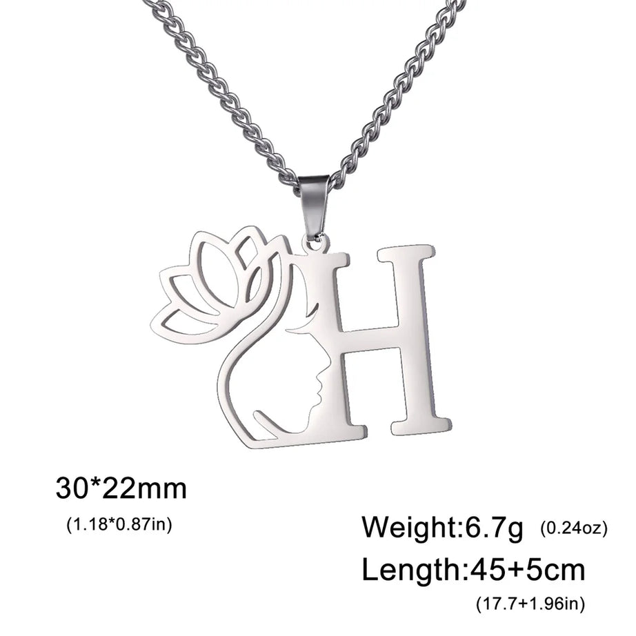 Lotus Flower Initial Letter Pendant, Personalized Stainless Steel Necklace