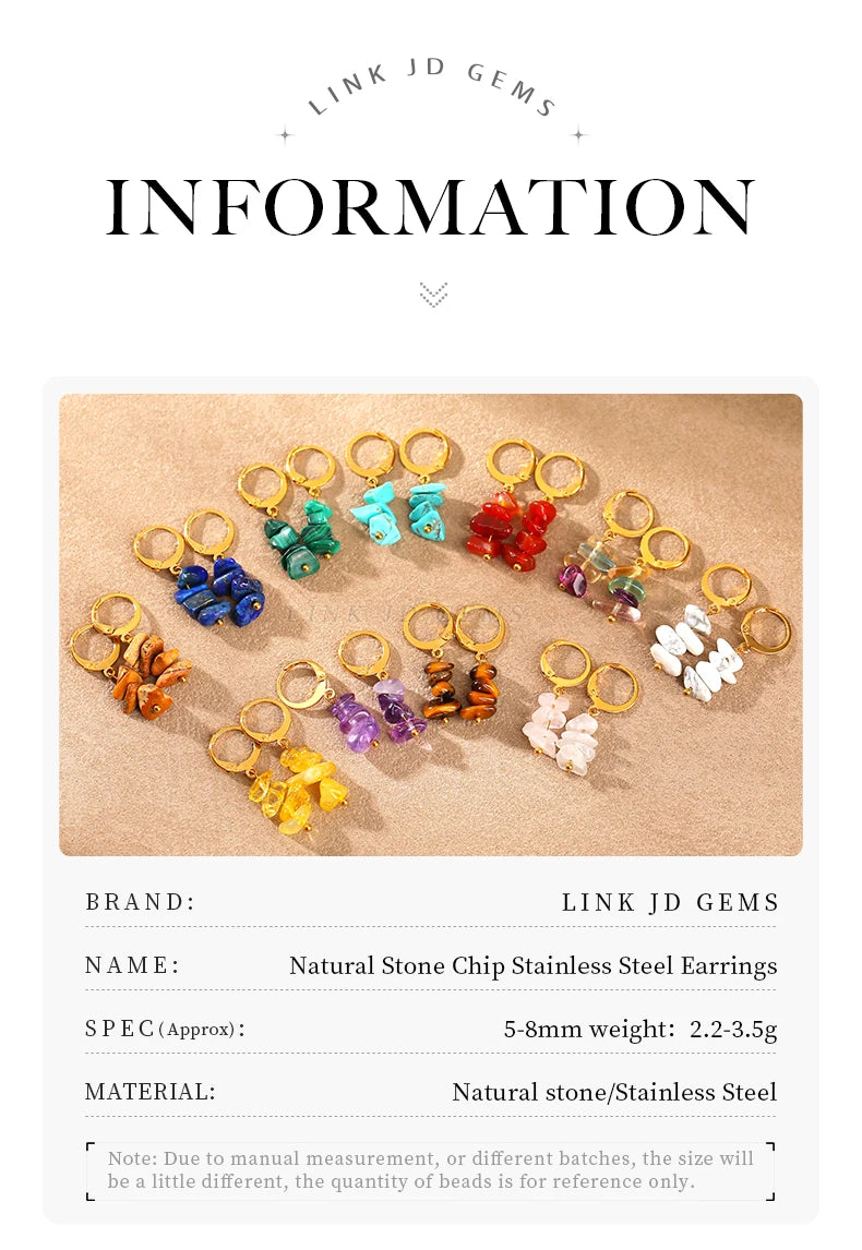 JD Natural Stone Amethyst Chips Golden Hoop Earrings Women Bohemian Crystal Gravel Handmade Reiki Healing Earring Jewerly Gift