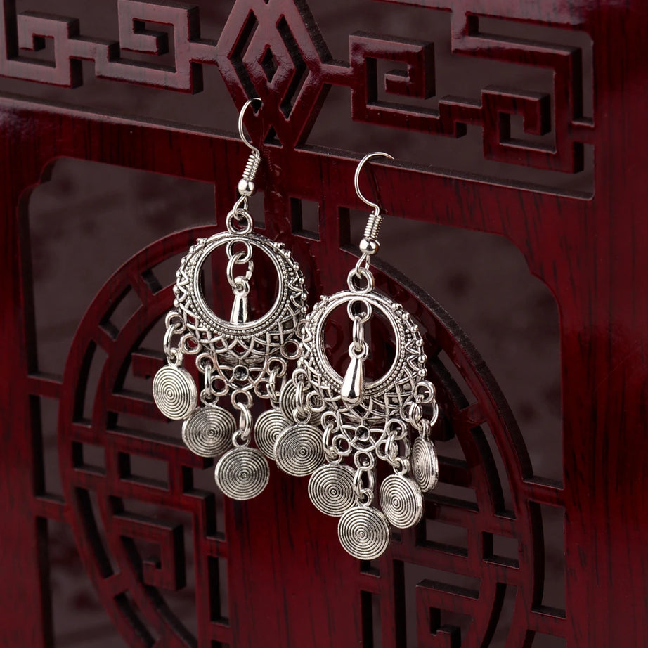 Silver Hollow Round Leaf Tassel Jhumki Earrings Jewelry