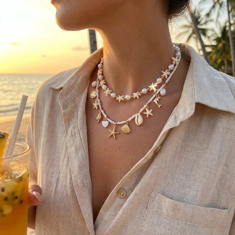 Multilayer Shell and Starfish Pearl Handmade Choker