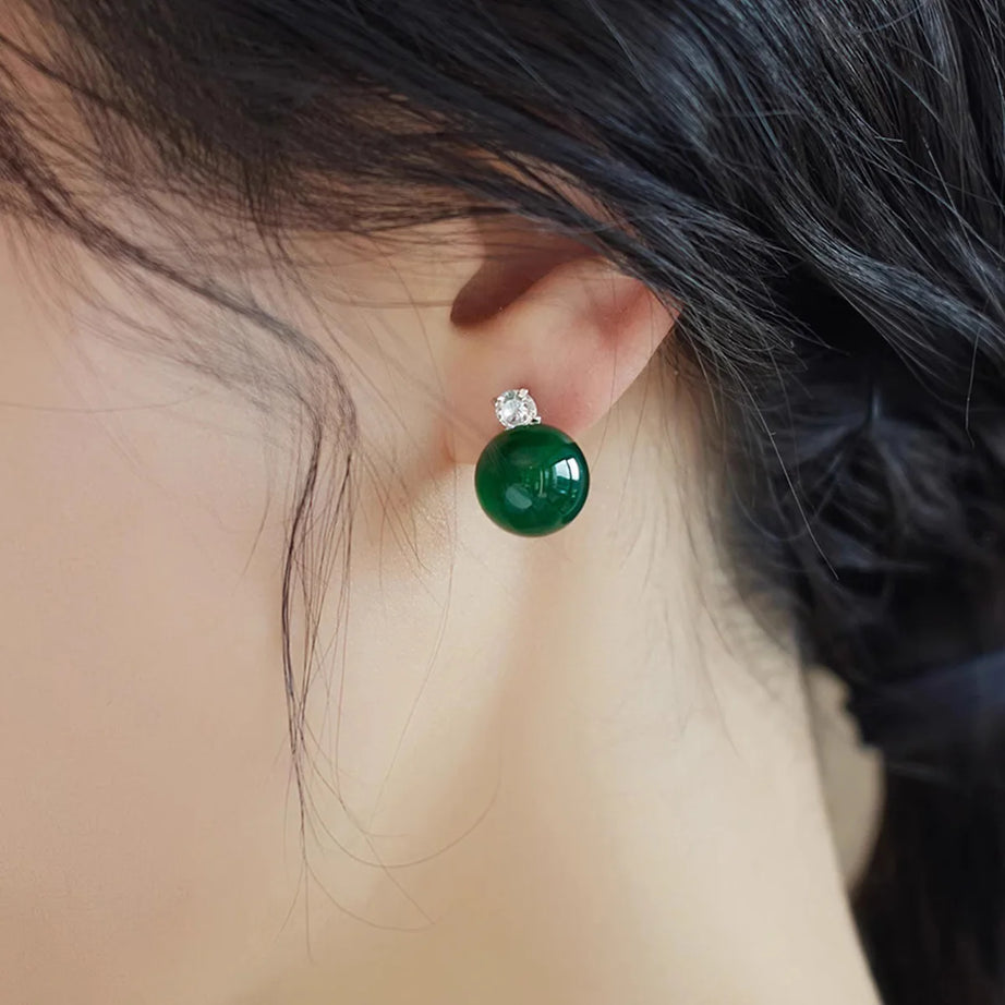Green Jade & CZ Drop Earrings, Luxury Natural Stone Office Boho Jewelry
