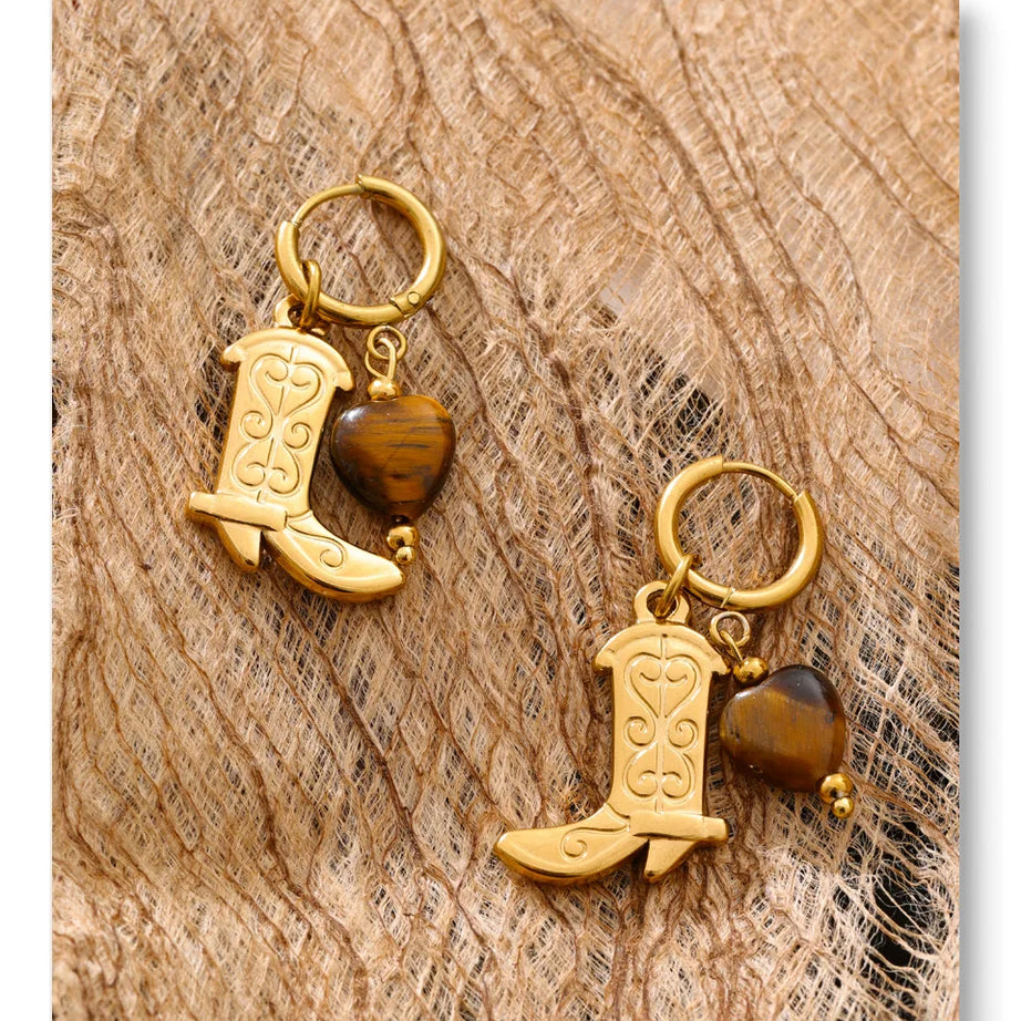 Natural Tiger Stone Boot Charm Drop Hoop Earrings, Stainless Steel Vintage Jewelry
